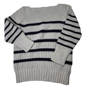 J. Crew Striped Boat Neck Cotton Sweater Light Gray Navy Blue Size M